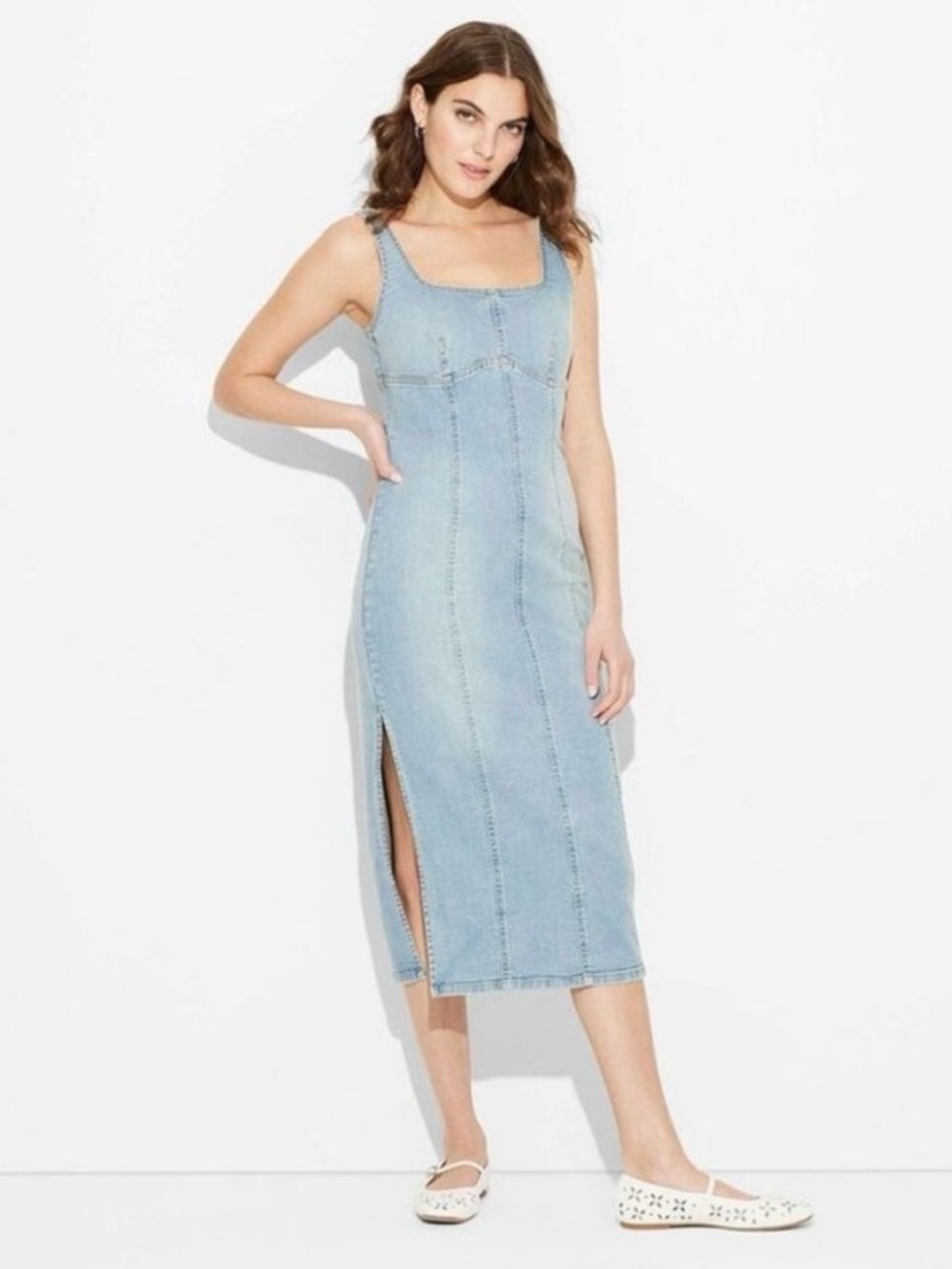 Wild Fable Light Blue Denim Midi Dress with Side Slit